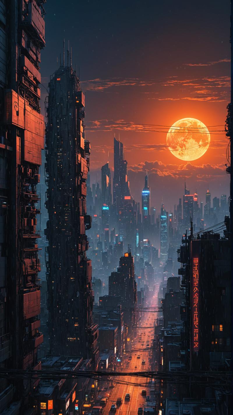 03088-3226473957-Cyberpunk cityscape,futuristic metropolis,massive red sun,twilight,silhouette,skyscrapers,neon lights,intricate cabling,power li.png